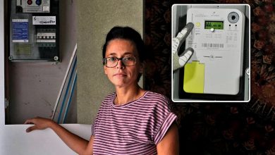 Mechelen woman beside her electricity meter during a dispute over a digital meter.