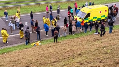 Police and emergency services responding to an explosives threat on the E25 highway near Sprimont, Belgium.