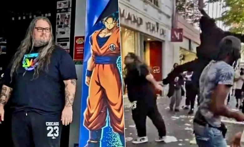 Pierre Collin standing outside the damaged Micromania video game store in Nice after looters attacked the business.